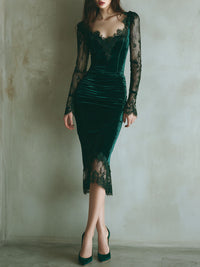 Elegant Green Velvet Long Sleeve Lace Midi Dress - Green