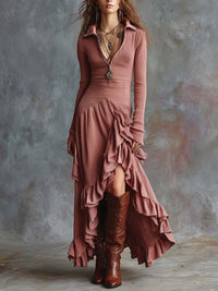 Zipper-Collar Ribbed Asymmetric Ruffle Maxi Dress - Dusty Rose Clay