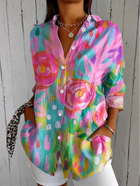 Anica - Vibrant Artistic Button-Up Blouse - Pink