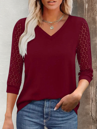 ELARA | Lace Sleeve V-Neck Top - Burgundy