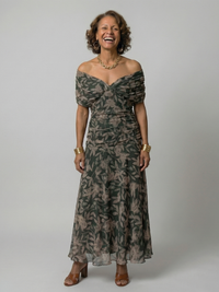 Calen | Off Shoulder Flow Midi Dresses - Dark green