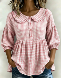 New Arrivals🔥Women's Gingham Puff Sleeve Peplum Blouse - Pink