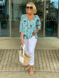 Joanne | Printed Button Tunic Top - Sky Blue