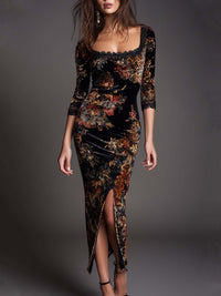 Vintage Lace-trimmed Slit Hem Floral Leopard Print Polyester Satin Midi Dress - Black
