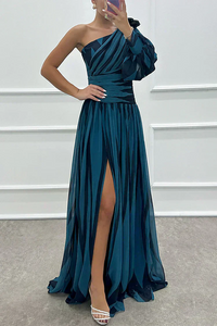 Hazel™ | Elegant Striped Maxi Dress with One Shoulder - Navy Blue