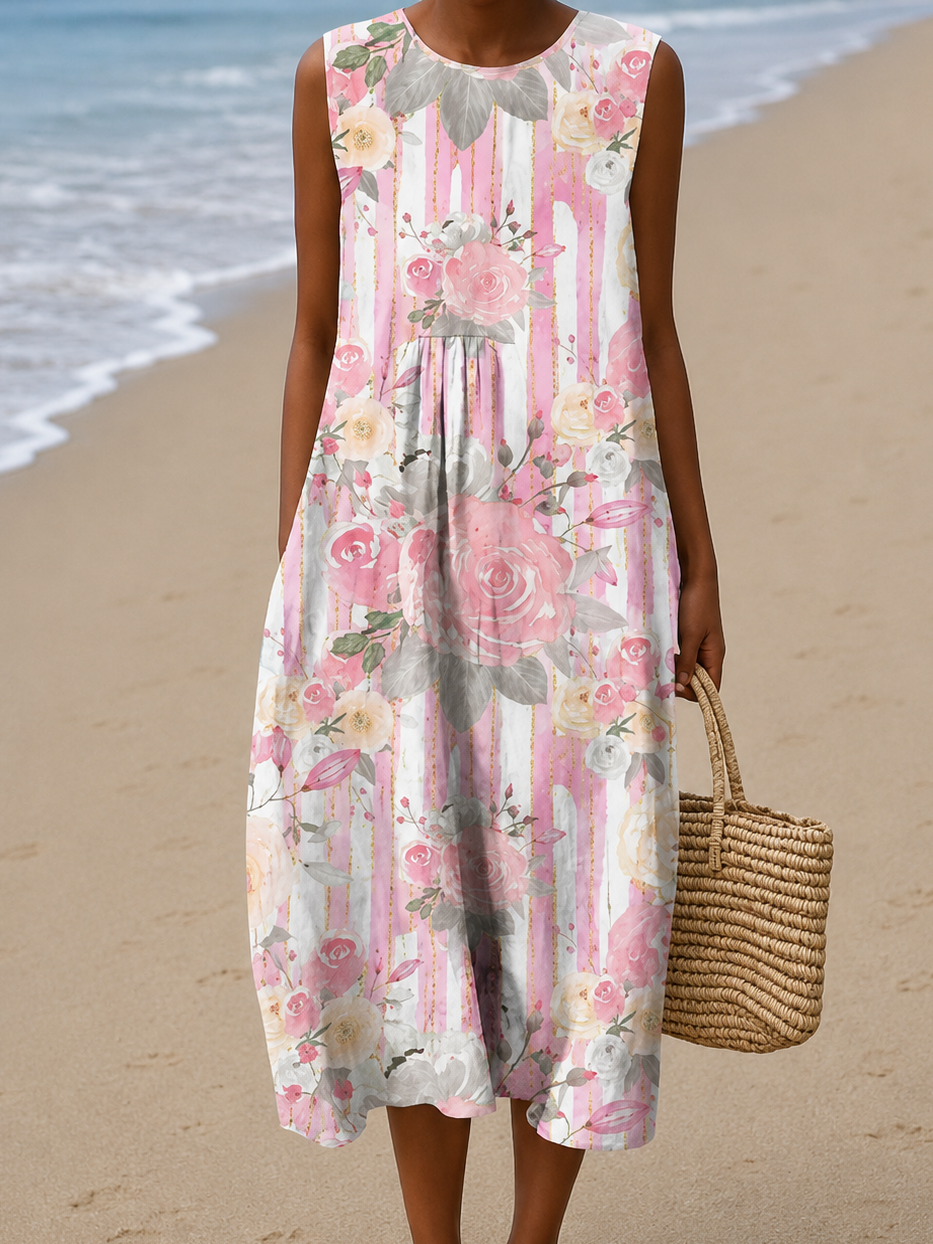 Aria - Women's Loose-Fit Sleeveless Printed Midi Beach Dress