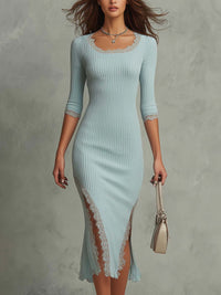 Vintage Lace-trimmed Hem Ribbed Midi Dress - Ice Blue