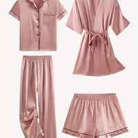 Juliette | 4-Piece Solid Satin Pajama Mid-Sleeve Robe Set - Pink