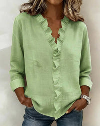 Yvonne | Blouse with Ruffles, V-Neck and Long Sleeves - Green