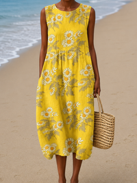 Cameron - Women's Loose-Fit Sleeveless Printed Midi Dress for the Beach - S