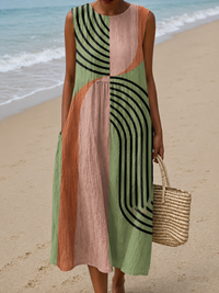 Victoria - Women's Casual Midi Dress with Sleeveless Print Design - S