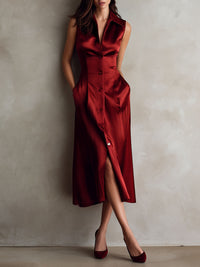 Elegant Burgundy Satin Sleeveless Button-Down Midi Dress - Burgundy