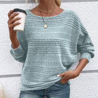 Solid Round-Neck Striped Top with Long Sleeves - Light Blue
