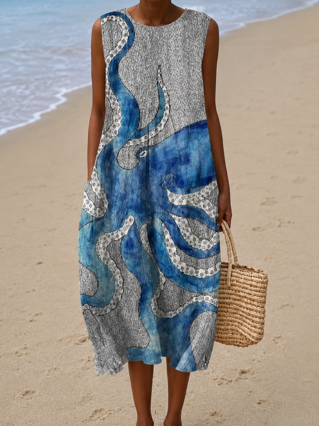 Caroline - Women's Loose-Fit Sleeveless Printed Midi Beach Dress