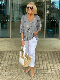 Joanne | Printed Button Tunic Top - Gray