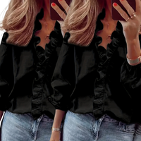 Lorelei Timeless V-Neck Blouse with Ruffles | Elegant Casual Top - Black/Black