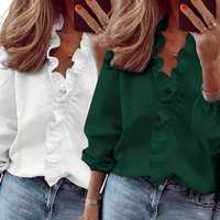 Lorelei Timeless V-Neck Blouse with Ruffles | Elegant Casual Top - White/Green
