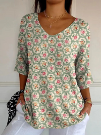 Casual knit sweater with vintage ethnic floral print for women - Multicolor