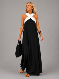 Velora™ | Cross Elegance Maxi Dress - Black with White Shoulder Detail