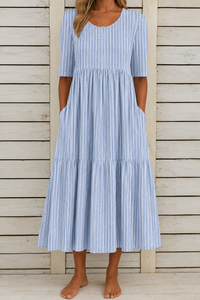 AMANDA | ELEGANT STRIPED TUMMY-COVERAGE MIDI DRESS - Blue