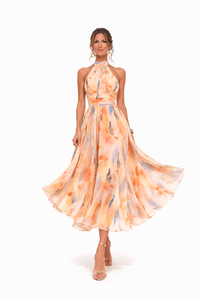 Flowing Halter Neck Dress Lightweight Chiffon - Multicolor