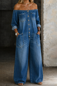 Elena | Off Shoulder Long Sleeve Jumpsuit - Blue