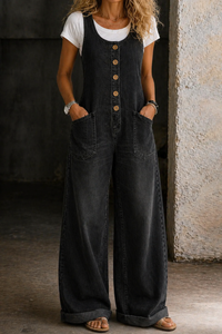 Bethany | Vintage Washed Cotton Denim Overalls - Black
