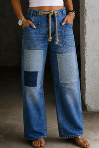 Margaret | Patchwork Drawstring Jeans - Blue