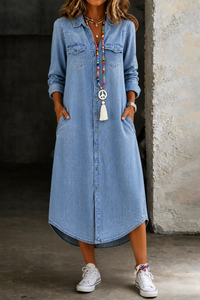 Helen | Casual Elegant Long Denim Shirt Dress - Light Blue