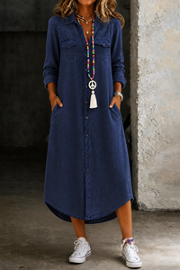Helen | Casual Elegant Long Denim Shirt Dress - Navy Blue