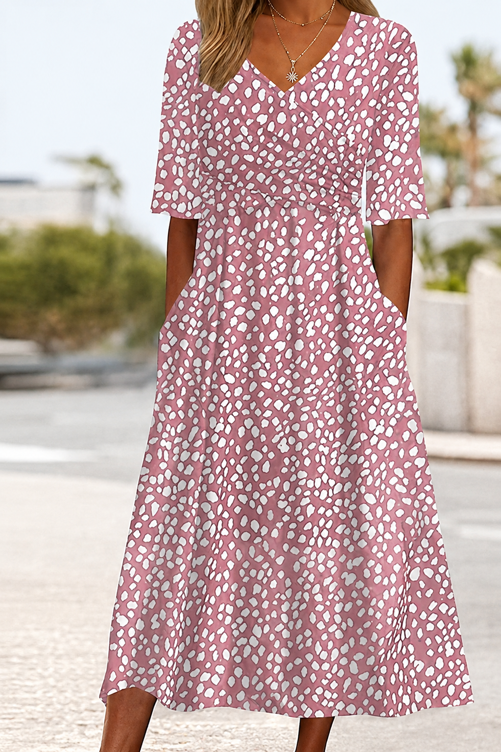 ELODIE | Tummy-Flattering Polka Dot Midi Dress