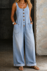 Sadie | Vintage Washed Cotton Denim Overalls - Light Blue