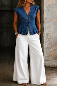 Viera | V-Neck Denim Top - Dark Blue