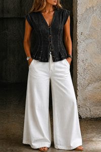 Viera | V-Neck Denim Top - Black