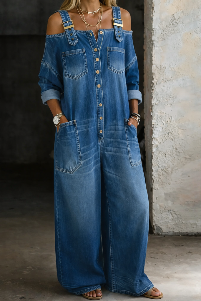 Sophia | Off Shoulder Denim Jumpsuit | Velora Toronto