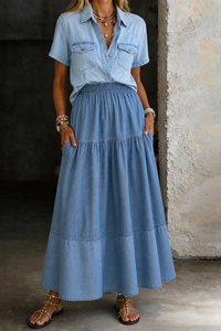 Sarah | Elastic Waist Denim Skirt - Light Blue