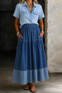 Sarah | Elastic Waist Denim Skirt - Navy Blue