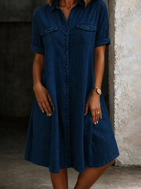 Patricia | Casual Denim Style Midi Dress - Navy Blue