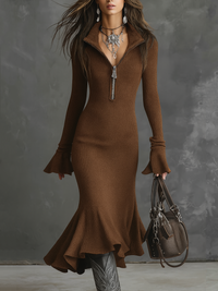 Retro Zipper Neck Trumpet Sleeve Knitted Midi Dress - Brown