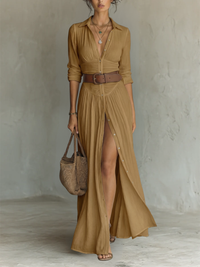 ESSENTIAL - Long Maxi Dress with Notched Collar and Long Sleeves for Women - Brown