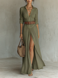 ESSENTIAL - Long Maxi Dress with Notched Collar and Long Sleeves for Women - Green (Almost sold out)