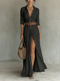 ESSENTIAL - Long Maxi Dress with Notched Collar and Long Sleeves for Women - Black