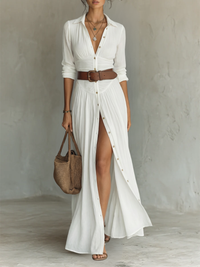 ESSENTIAL - Long Maxi Dress with Notched Collar and Long Sleeves for Women - White (Almost sold out)