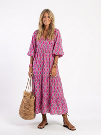 Apolline | Three Quarter Sleeve V Neck Patterned Midi Dress - Purple