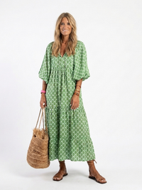 Apolline | Three Quarter Sleeve V Neck Patterned Midi Dress - Green