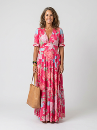 Ione | Short Sleeve V Neck Floral Midi Dress - Pink