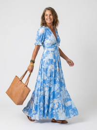 Ione | Short Sleeve V Neck Floral Midi Dress - Sky blue