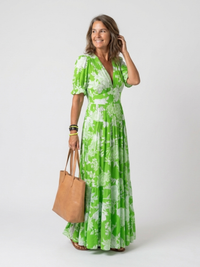Ione | Short Sleeve V Neck Floral Midi Dress - Green