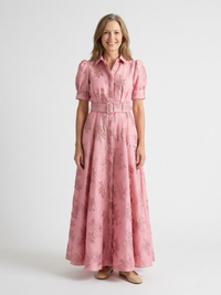 Xanthea | Short Sleeve Belted Floral Textured Maxi Shirt Dress - Pink