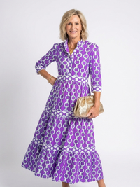 Ysolde | Three Quarter Sleeve Chain Pattern Midi Dress - Purple